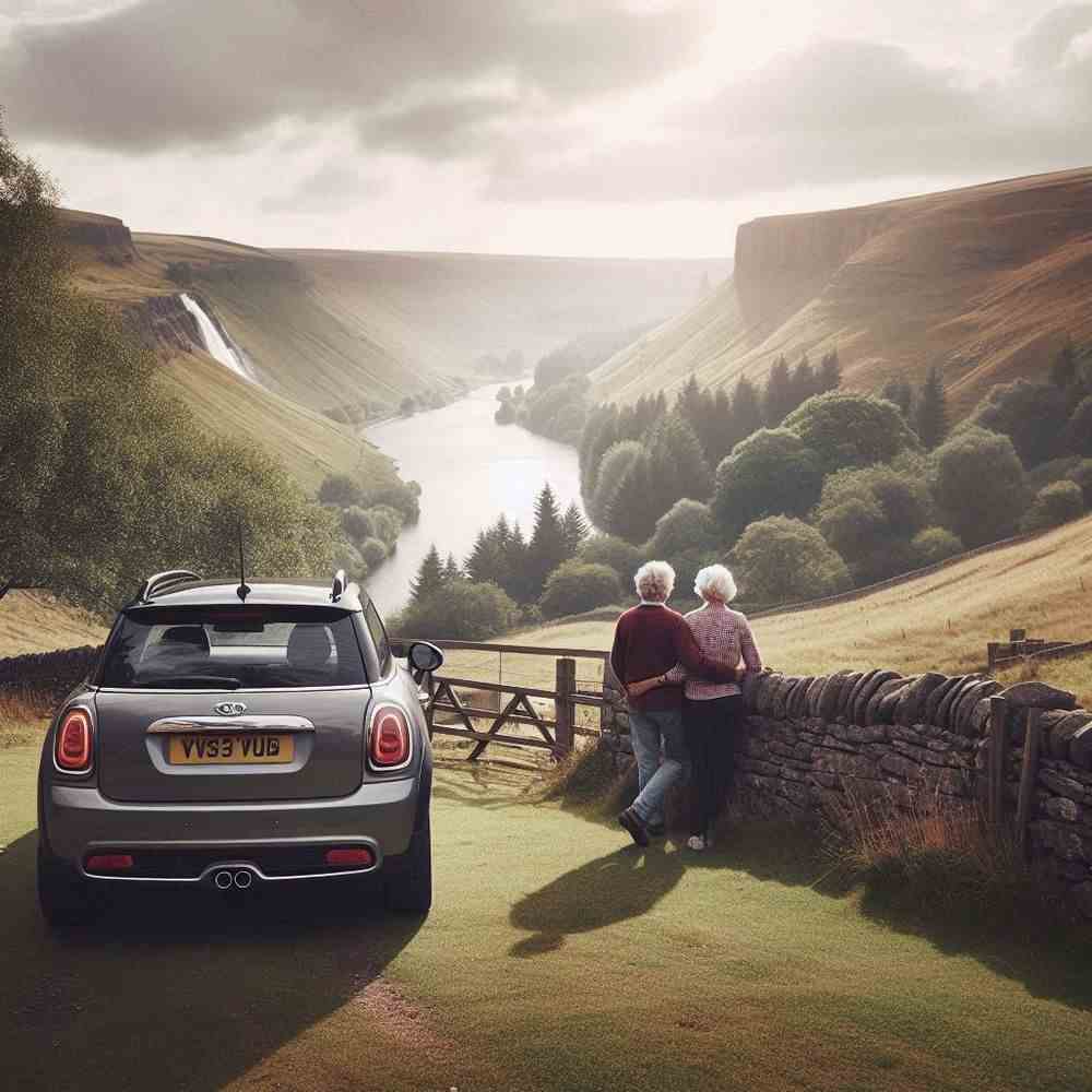 Two happy travellers near a quaint village, feeling secure about their car cover.