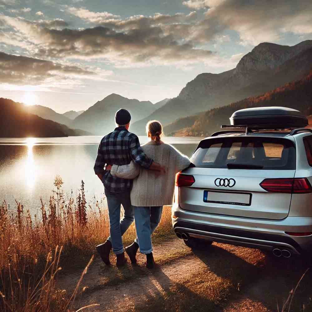 A couple holding hands on a hillside, stress-free with dependable insurance.