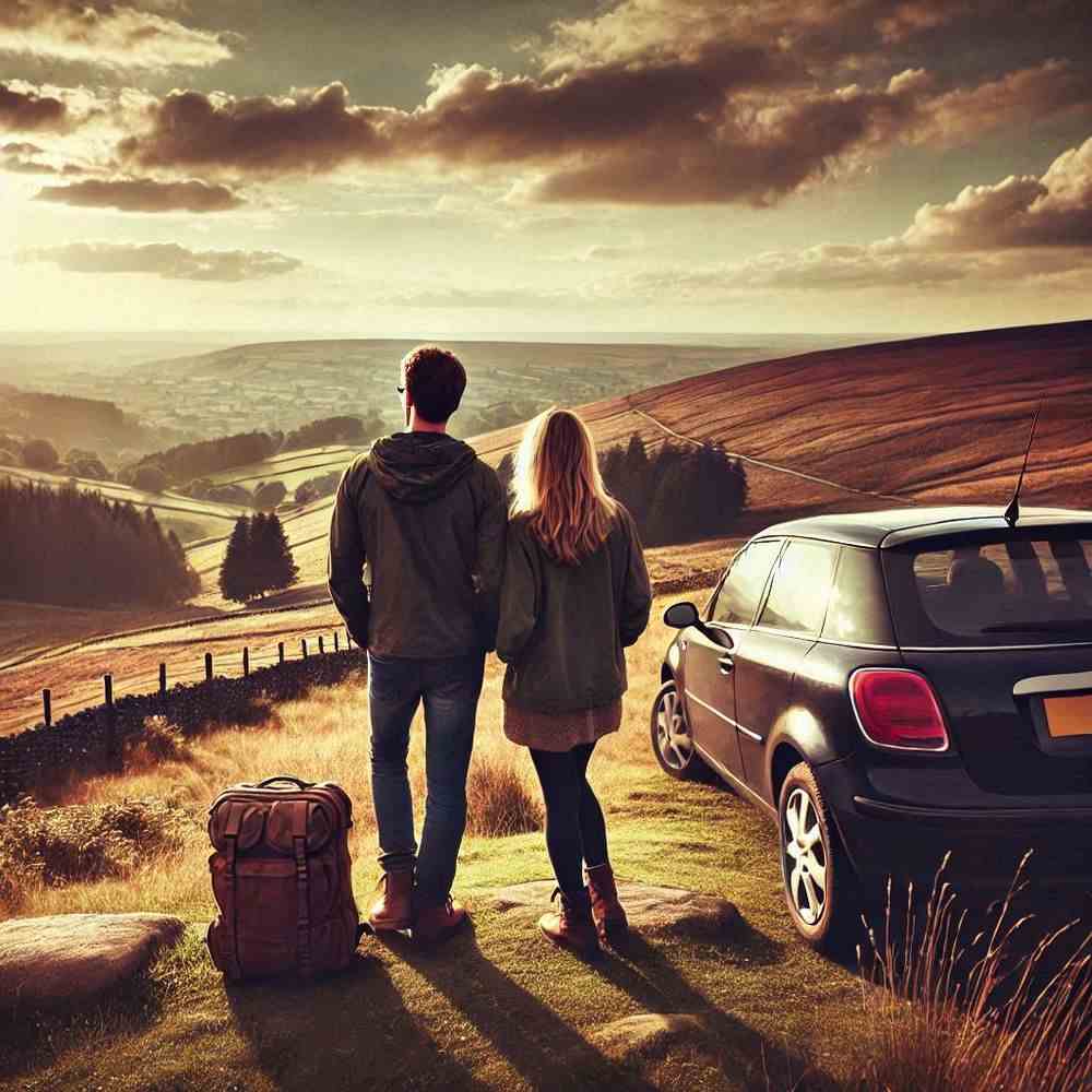 A couple enjoying tea by their car, grateful for their reliable insurance.