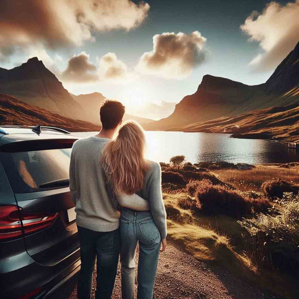 Two smiling faces near a scenic overlook, feeling at ease with car protection.