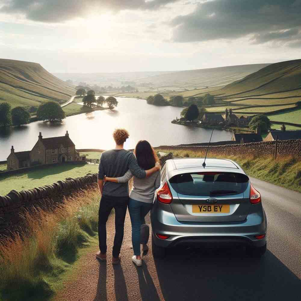 A joyful couple taking in seaside cliffs, glad their car is insured.