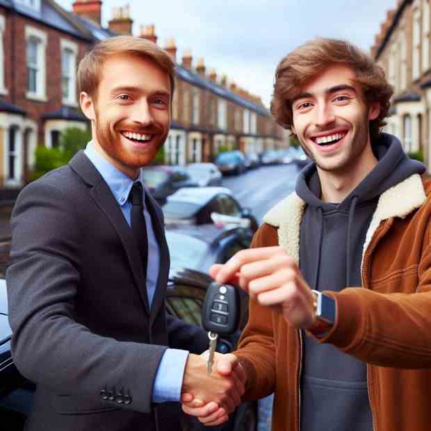 Joyful woman pointing at her car, thrilled with her new insurance deal.