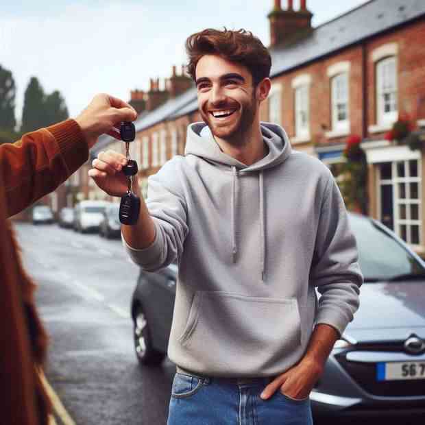 Woman leaning casually against her insured car, exuding confidence.